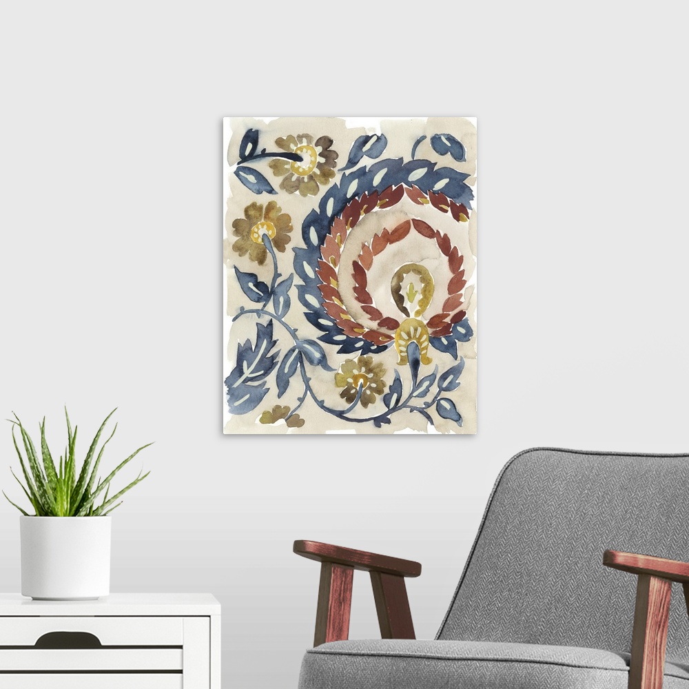 A modern room featuring Bohemian inspired abstract watercolor painting.