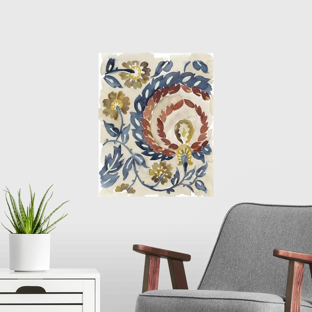A modern room featuring Bohemian inspired abstract watercolor painting.