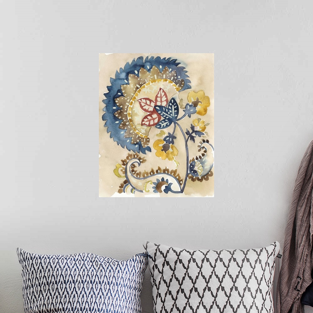 A bohemian room featuring Bohemian inspired abstract watercolor painting.