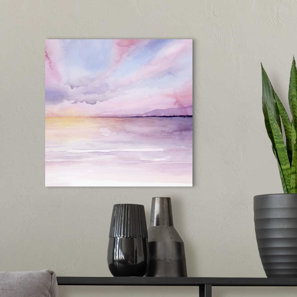 A modern room featuring Abstract landscape of a sun setting on the sea in pastel colors.