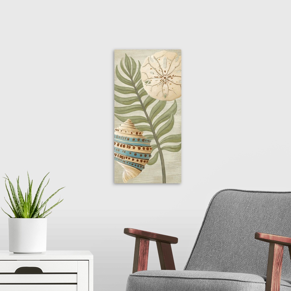 A modern room featuring Seashells and palm fronds make a great addition to any beach house decor.