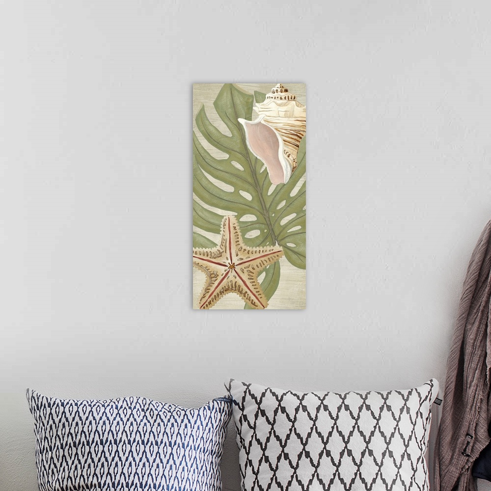 A bohemian room featuring Seashells and palm fronds make a great addition to any beach house decor.