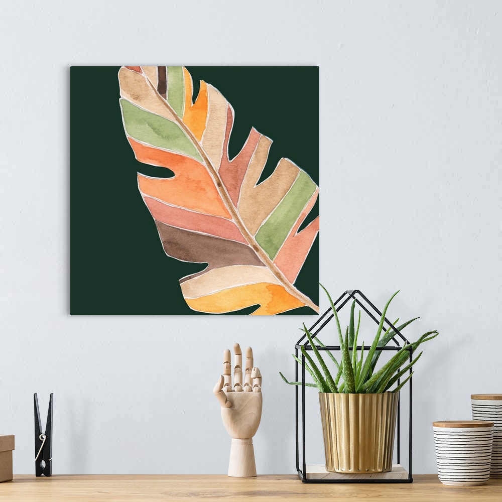 A bohemian room featuring Contemporary painting of a watercolor palm frond on a dark green background.