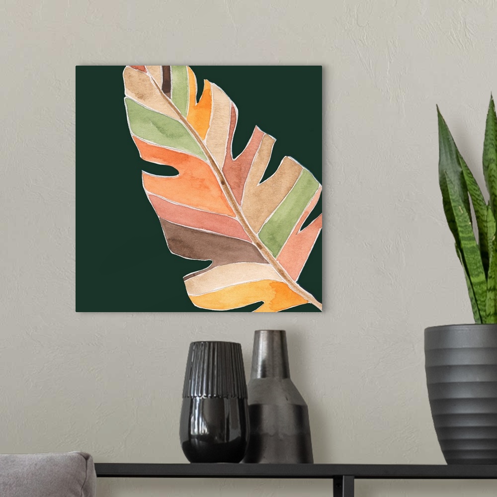 A modern room featuring Contemporary painting of a watercolor palm frond on a dark green background.