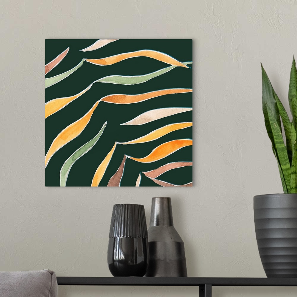 A modern room featuring Contemporary painting of a watercolor palm frond on a dark green background.