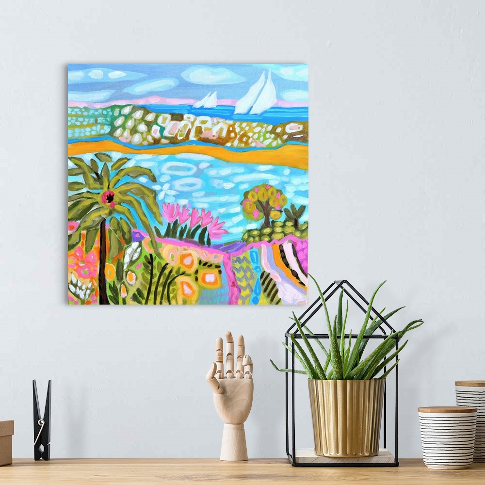 A bohemian room featuring Boho style landscape painting of a coastal scene with palm trees and a sailboat.