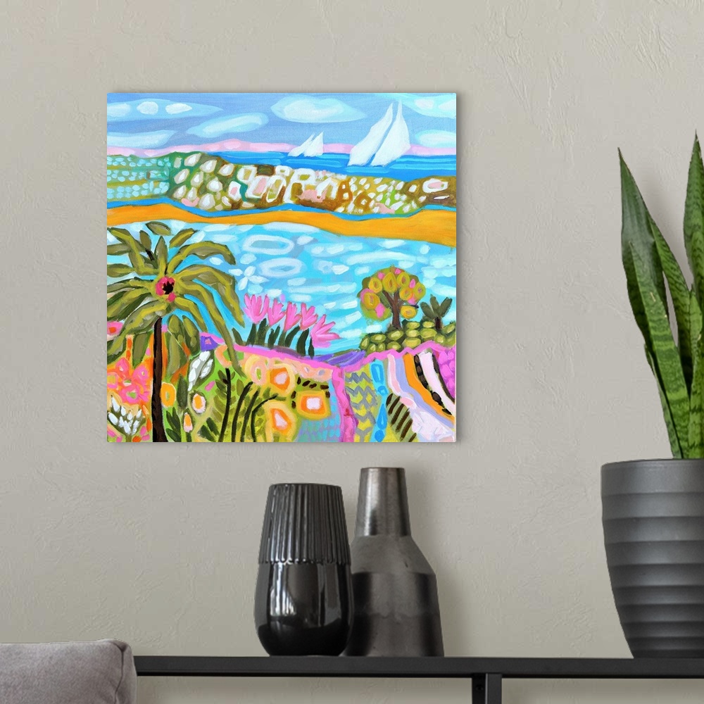 A modern room featuring Boho style landscape painting of a coastal scene with palm trees and a sailboat.