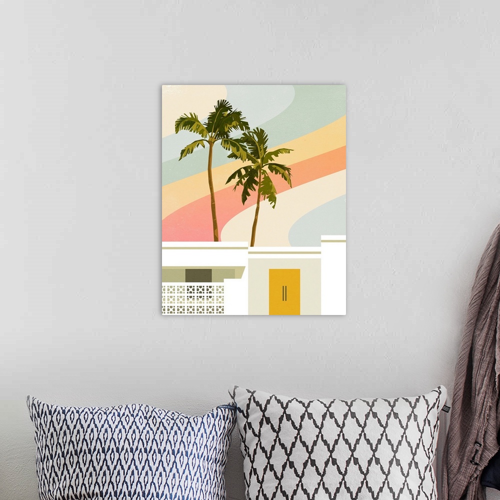 A bohemian room featuring A contemporary mid-century modern graphic illustration of a white stucco home with classic palm s...