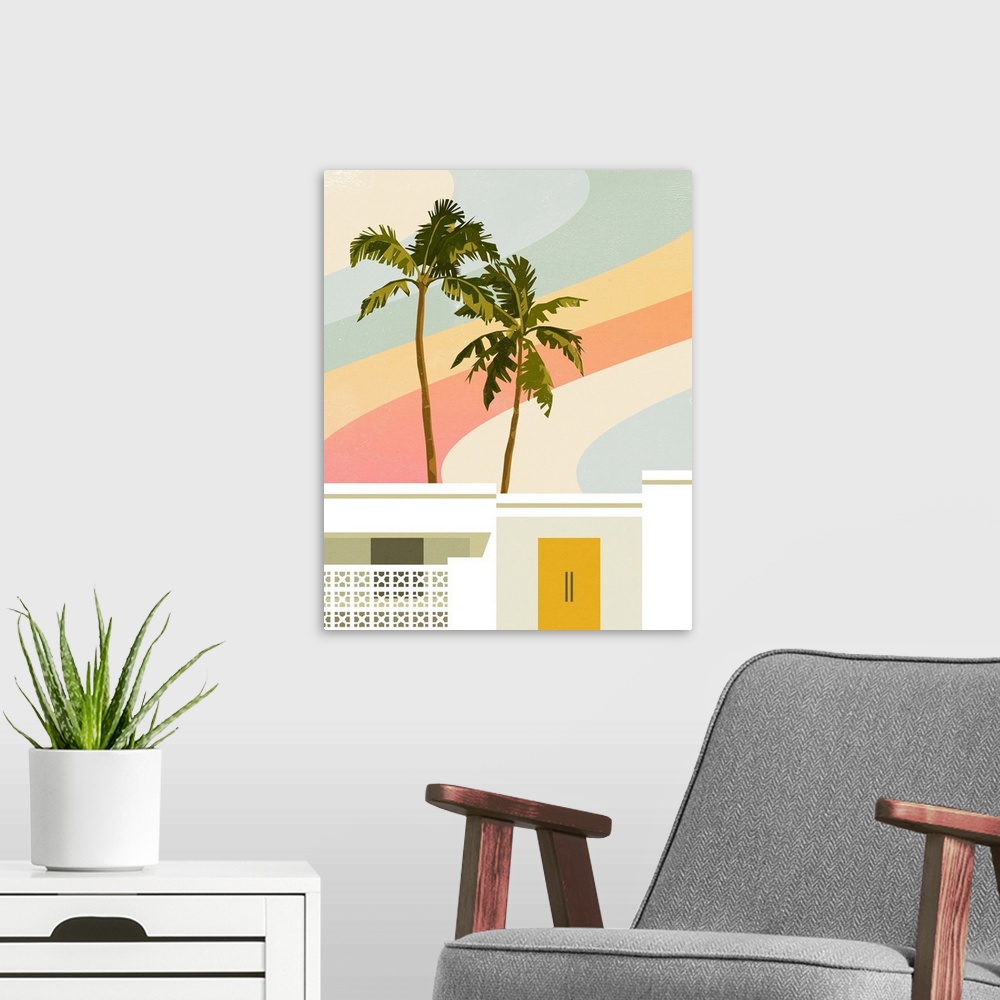 A modern room featuring A contemporary mid-century modern graphic illustration of a white stucco home with classic palm s...