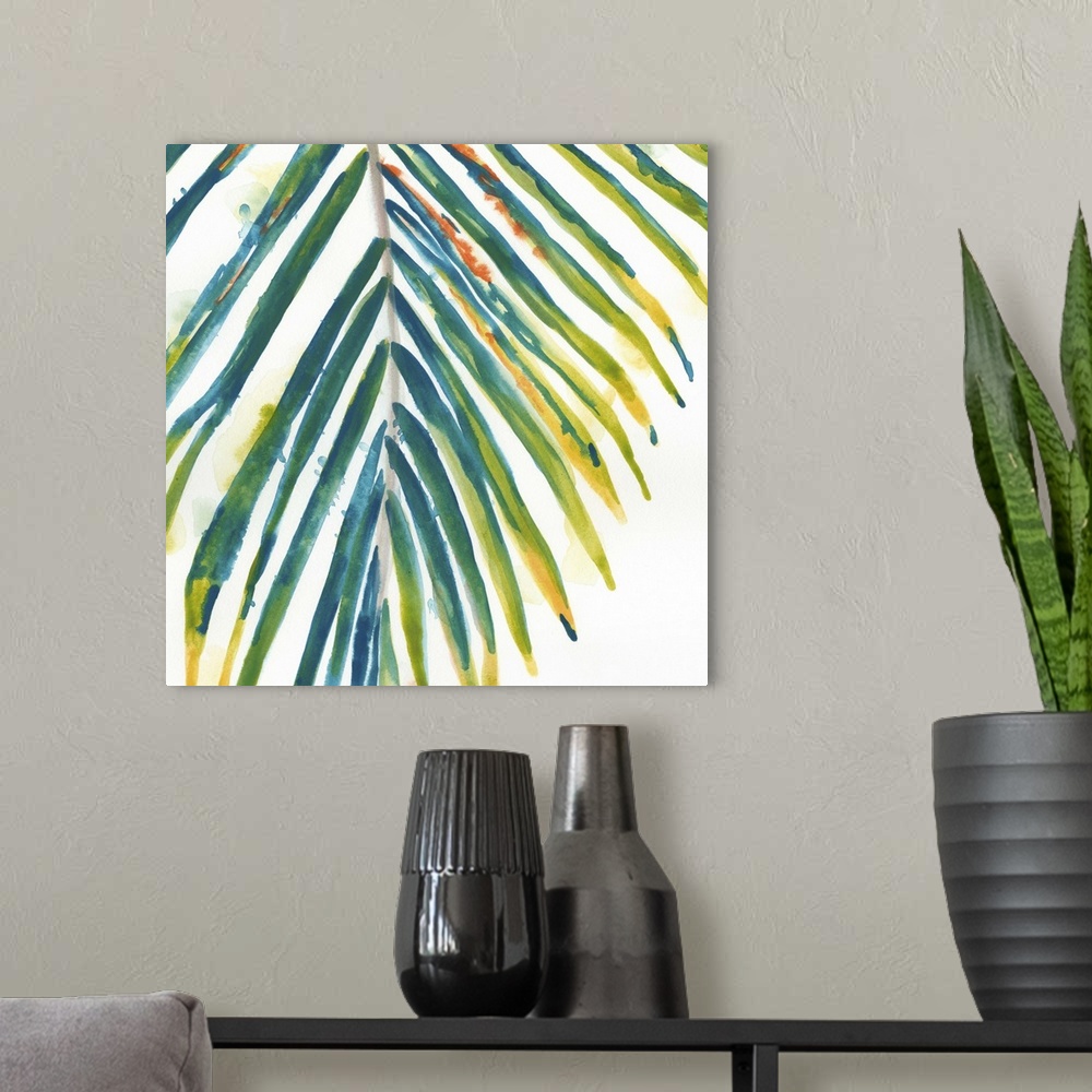 A modern room featuring Watercolor painting of a palm frond with teal and yellow leaves.