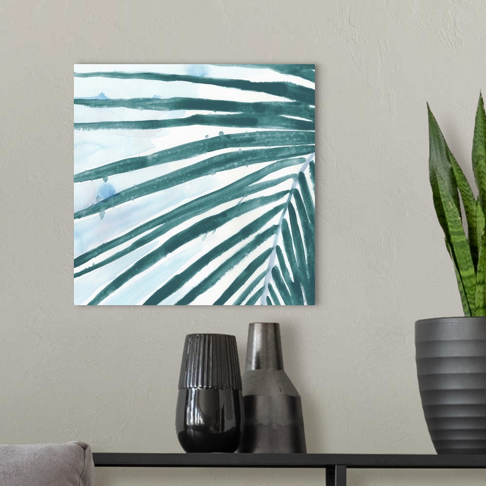 A modern room featuring Watercolor painting of a palm frond with teal leaves.