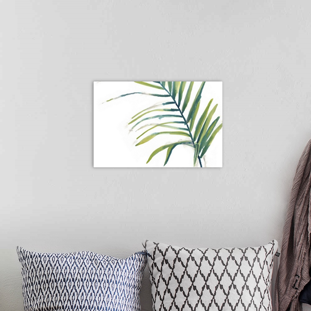 A bohemian room featuring Simple watercolor illustration of a green palm frond on white.