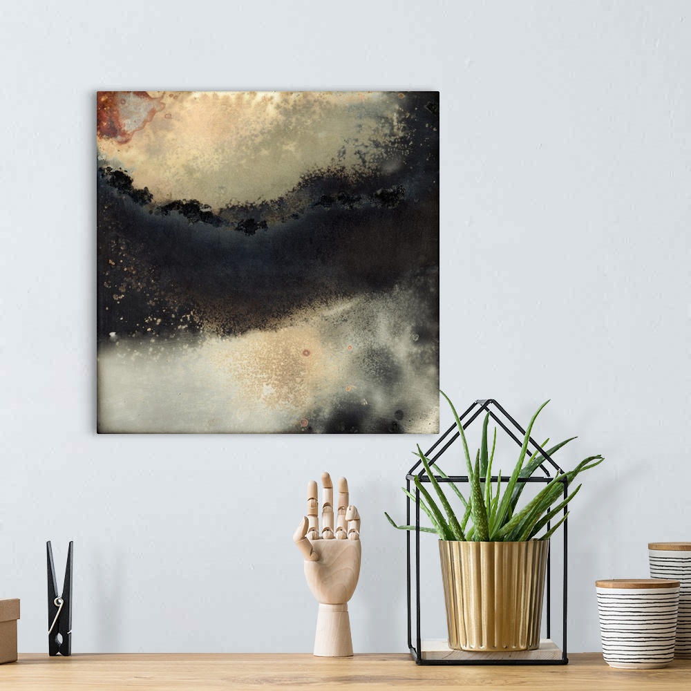 A bohemian room featuring Contemporary abstract painting using dark smokey colors and rough geological looking textures.