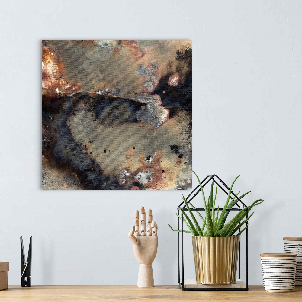 A bohemian room featuring Contemporary abstract painting using dark smokey colors and rough geological looking textures.