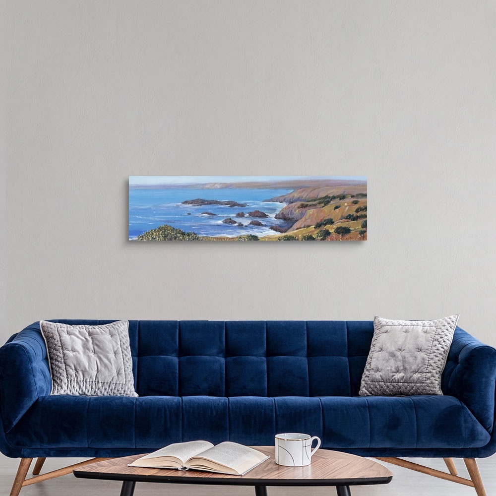A modern room featuring Painted panoramic landscape of a rocky cliff ocean coast.