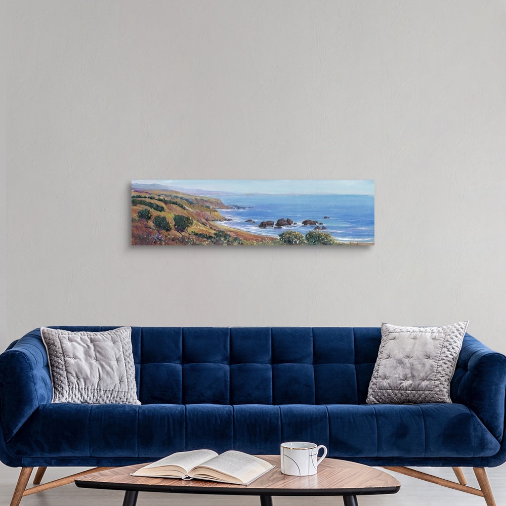 A modern room featuring Painted panoramic landscape of a rocky cliff ocean coast.