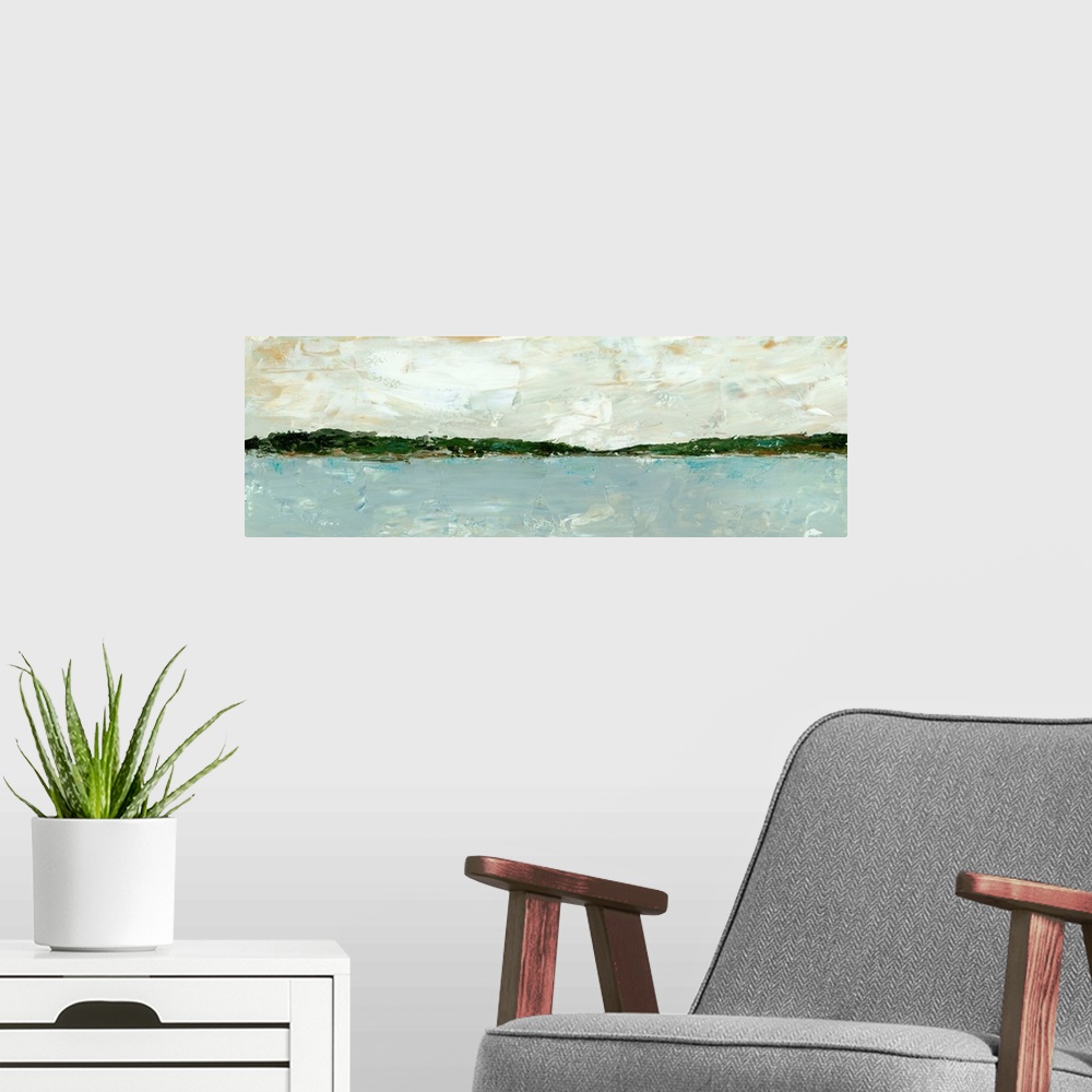 A modern room featuring A long, panoramic abstract of a lake or ocean scene, with stormy blue waters under a cloudy sky. ...