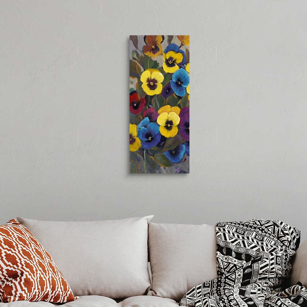 A bohemian room featuring A flower bed of colorful pansies on a vertical panel.