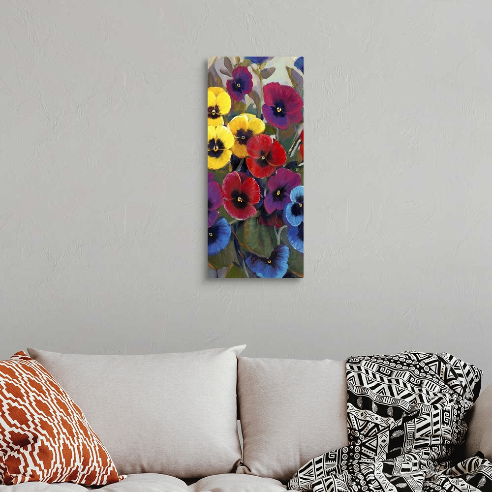 A bohemian room featuring A flower bed of colorful pansies on a vertical panel.