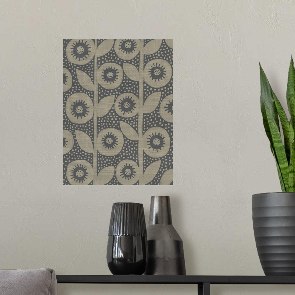 A modern room featuring Contemporary floral motif in muted gray and brown tones.