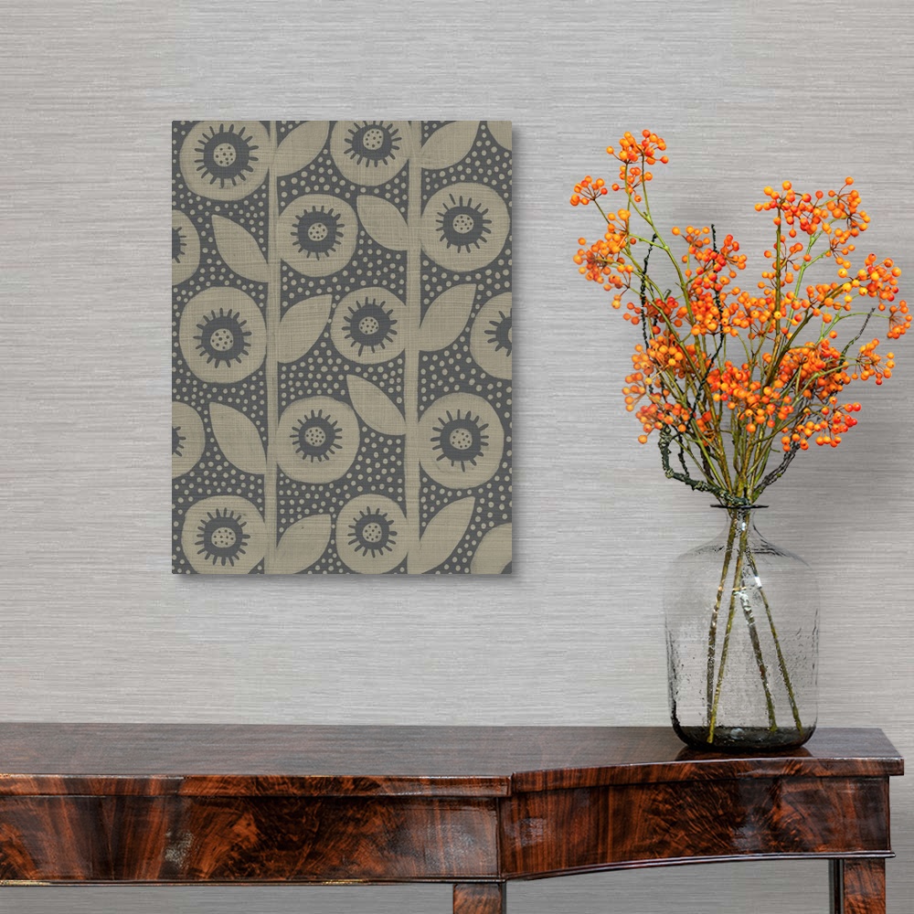 A traditional room featuring Contemporary floral motif in muted gray and brown tones.