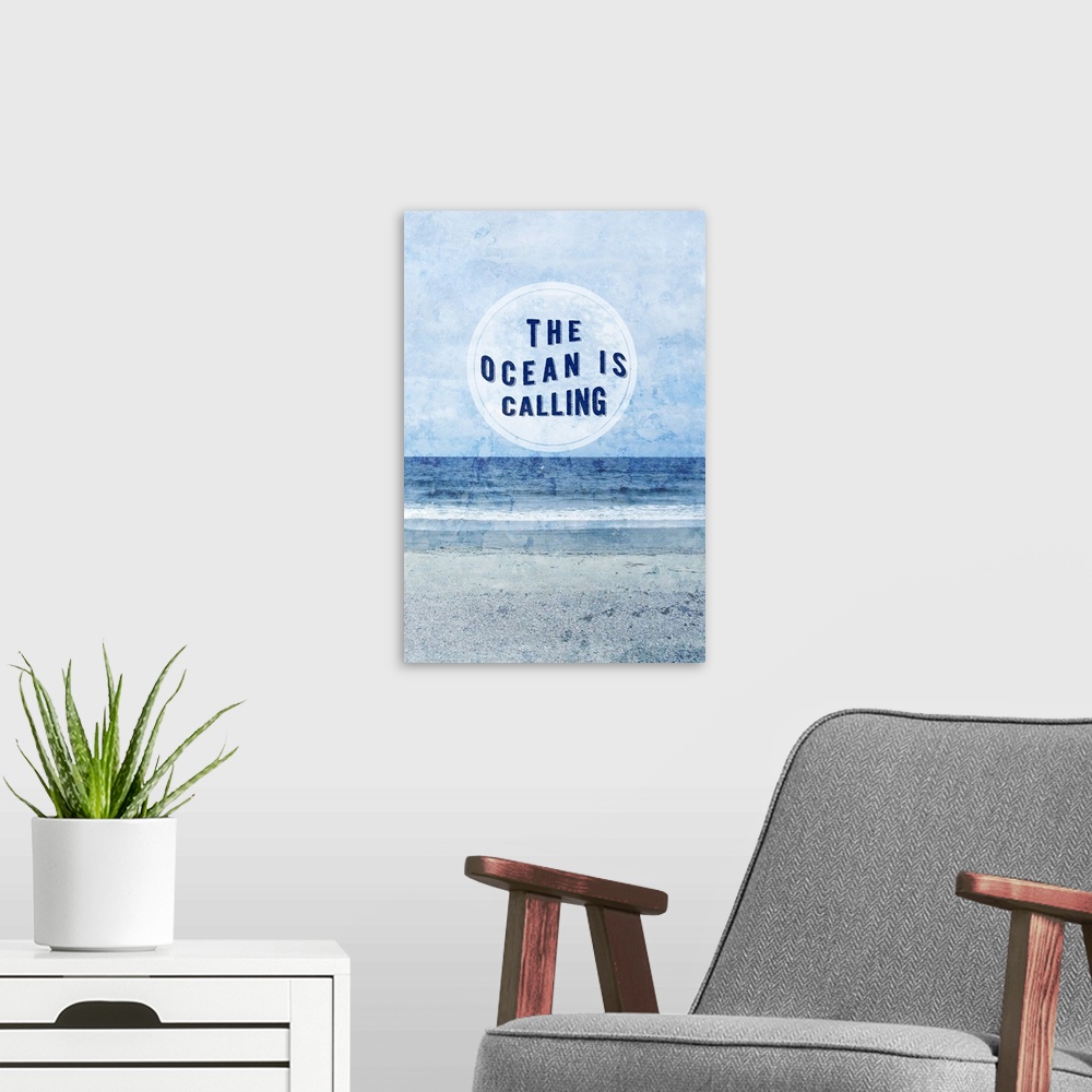 A modern room featuring "The Ocean Is Calling" in the center of a circle on a textured image of ocean waves.