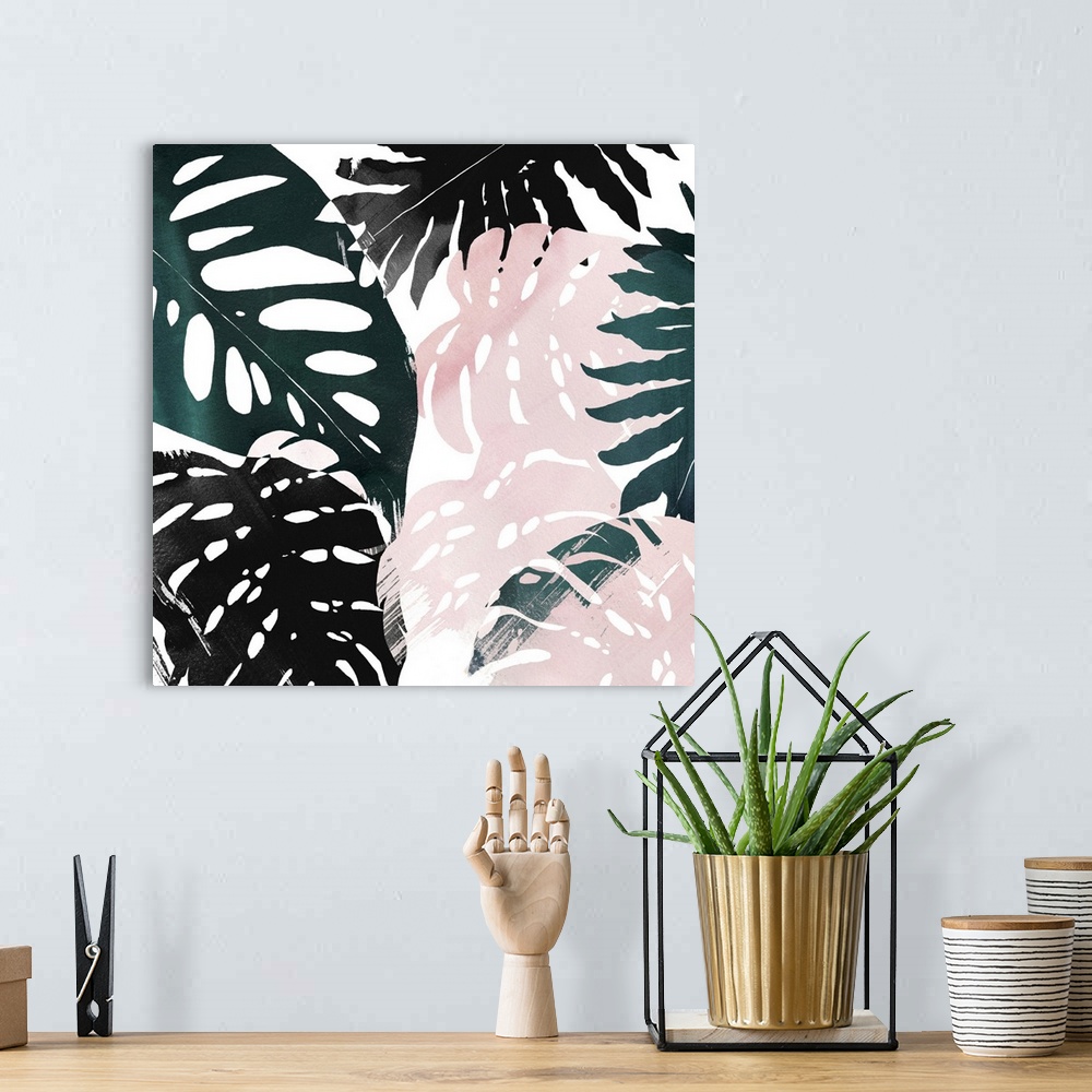 A bohemian room featuring Contemporary painting of pink, green, and black tropical palm fronds.