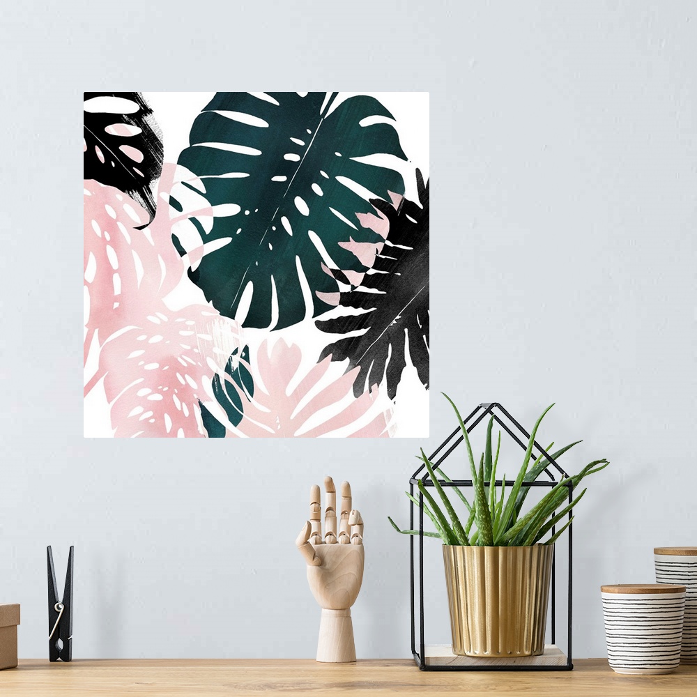 A bohemian room featuring Contemporary painting of pink, green, and black tropical palm fronds.