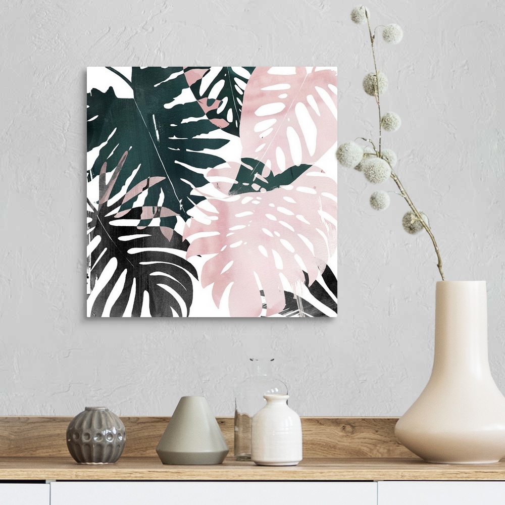 A farmhouse room featuring Contemporary painting of pink, green, and black tropical palm fronds.