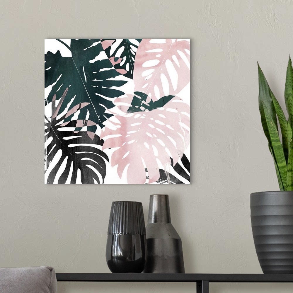 A modern room featuring Contemporary painting of pink, green, and black tropical palm fronds.