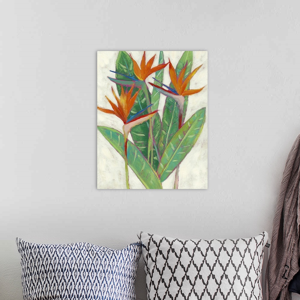 A bohemian room featuring Contemporary painting of a tropical flower against a neutral distressed background.