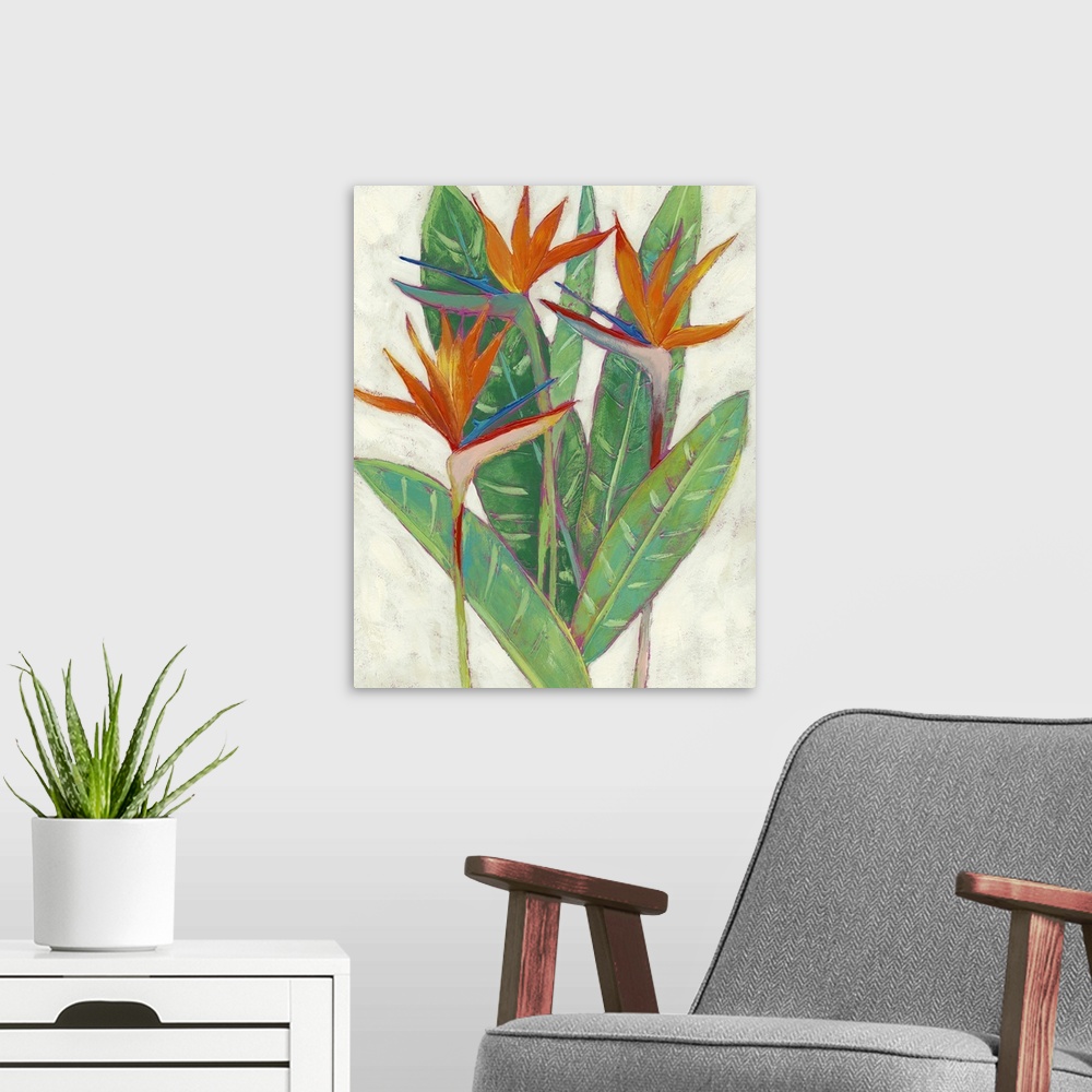 A modern room featuring Contemporary painting of a tropical flower against a neutral distressed background.