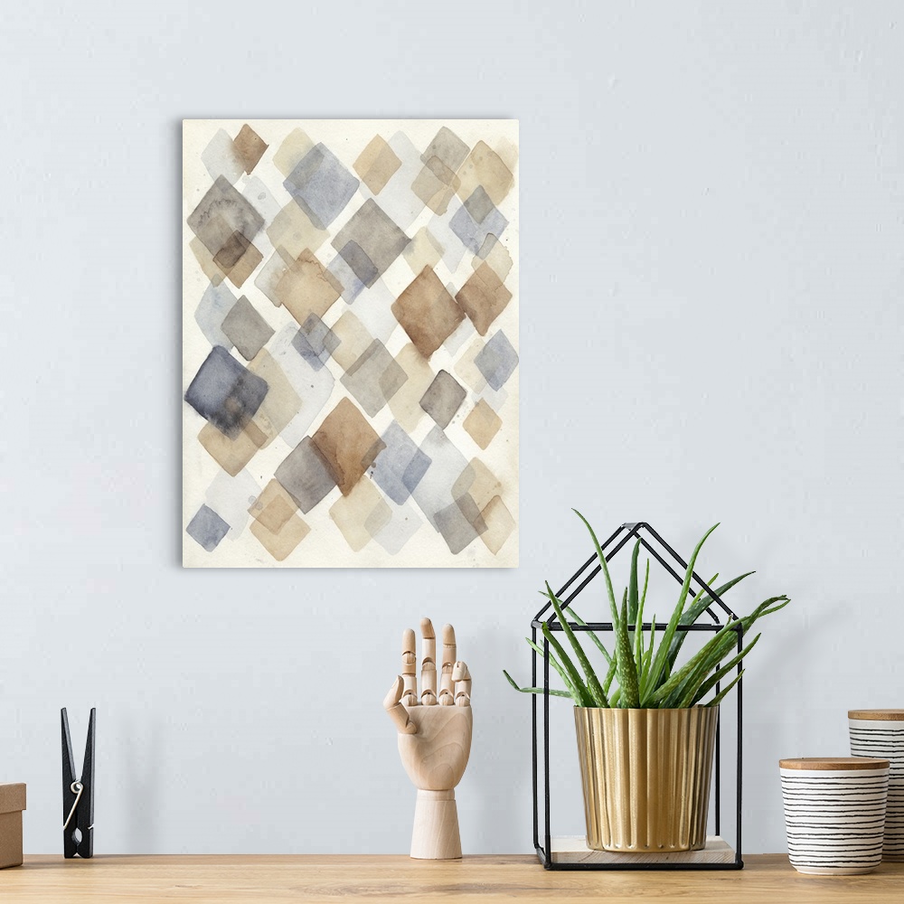 A bohemian room featuring Contemporary abstract painting using diamond shapes in pale watercolors.