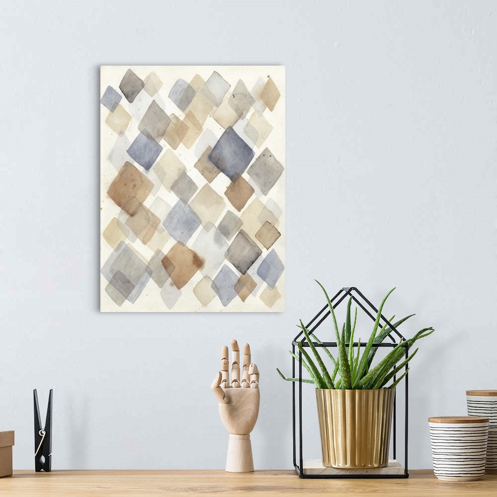 A bohemian room featuring Contemporary abstract painting using diamond shapes in pale watercolors.