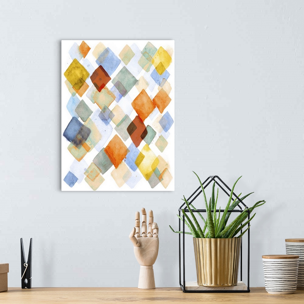 A bohemian room featuring Contemporary abstract painting using diamond shapes in vibrant watercolors.