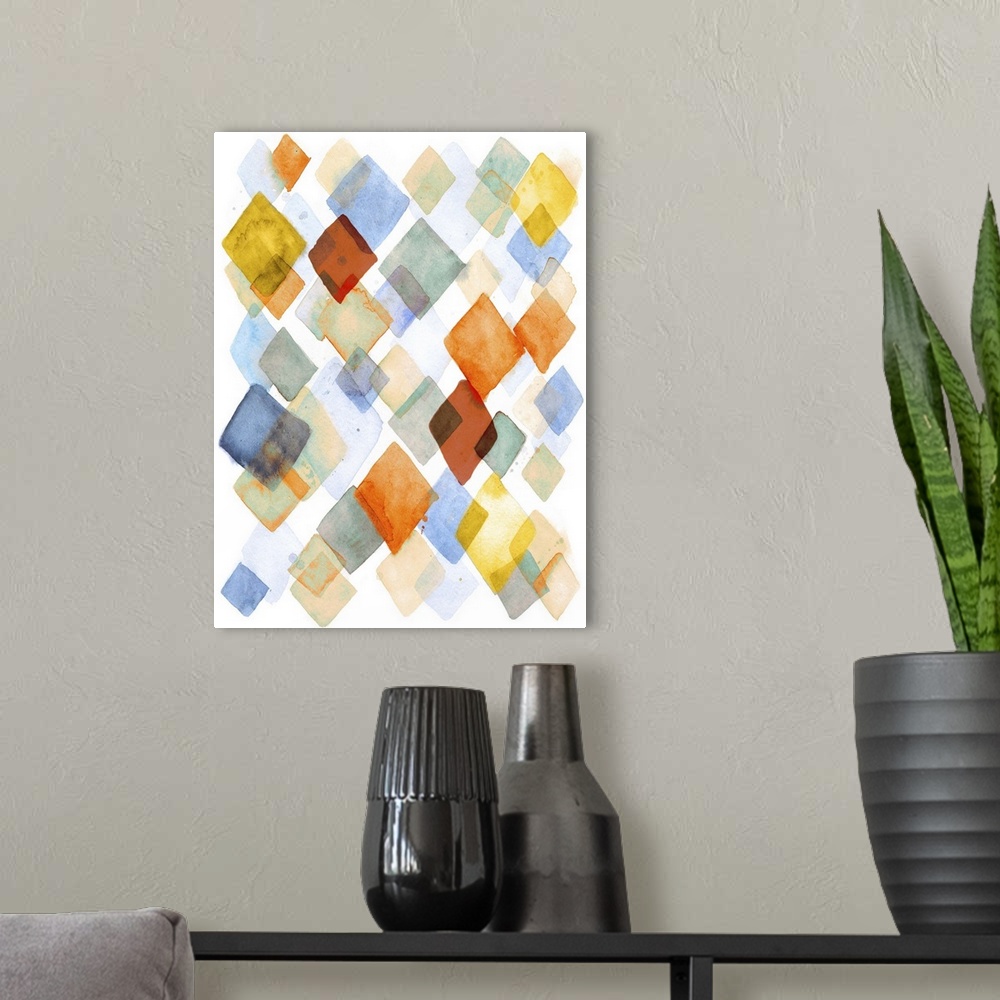 A modern room featuring Contemporary abstract painting using diamond shapes in vibrant watercolors.