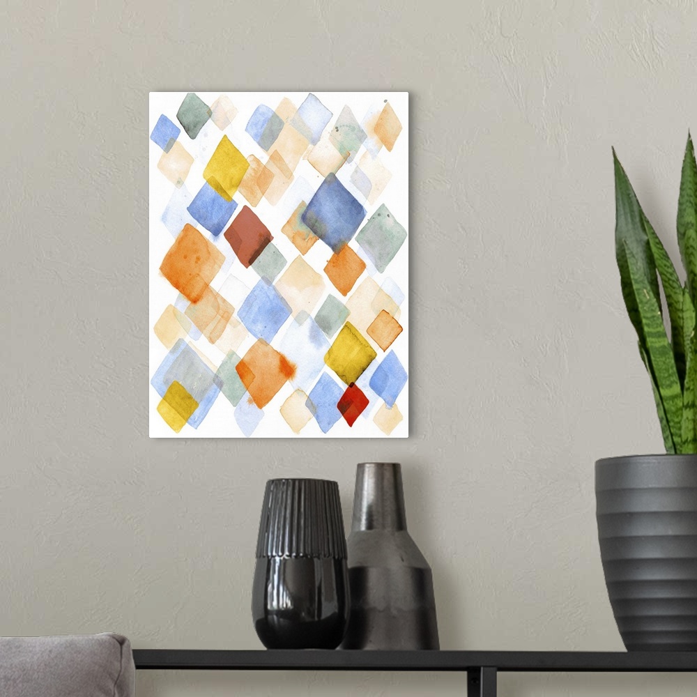A modern room featuring Contemporary abstract painting using diamond shapes in vibrant watercolors.