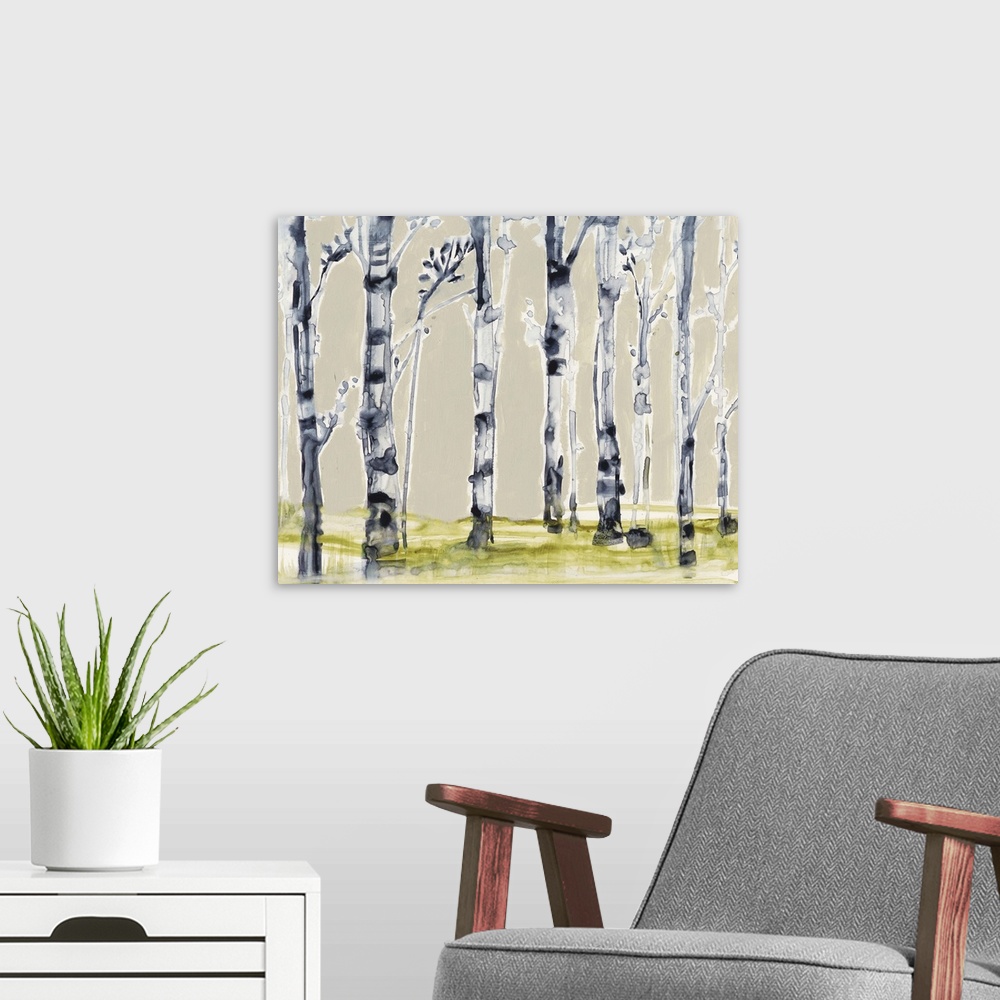 A modern room featuring Watercolor painting of a grove of birch trees.