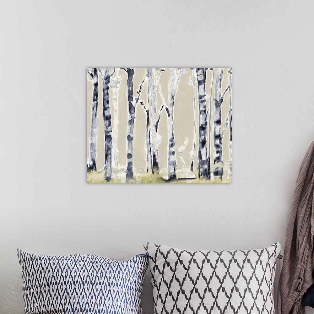 A bohemian room featuring Watercolor painting of a grove of birch trees.