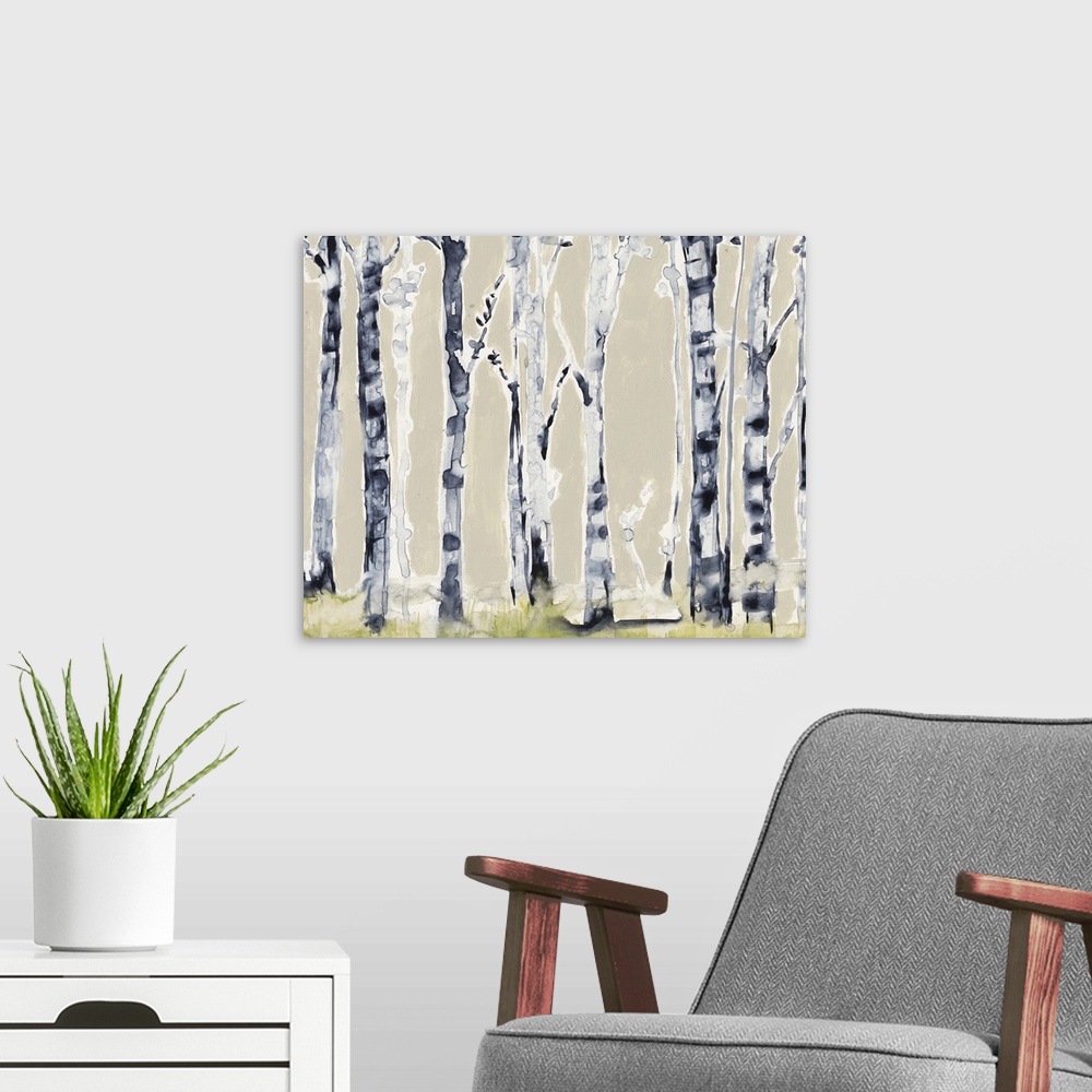 A modern room featuring Watercolor painting of a grove of birch trees.