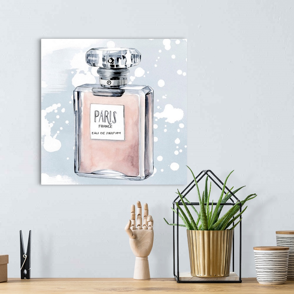 A bohemian room featuring Watercolor illustration of a bottle of perfume on a pale blue background with white paint splatters.