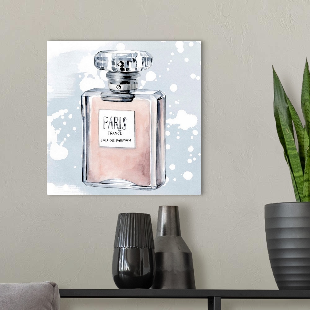 A modern room featuring Watercolor illustration of a bottle of perfume on a pale blue background with white paint splatters.