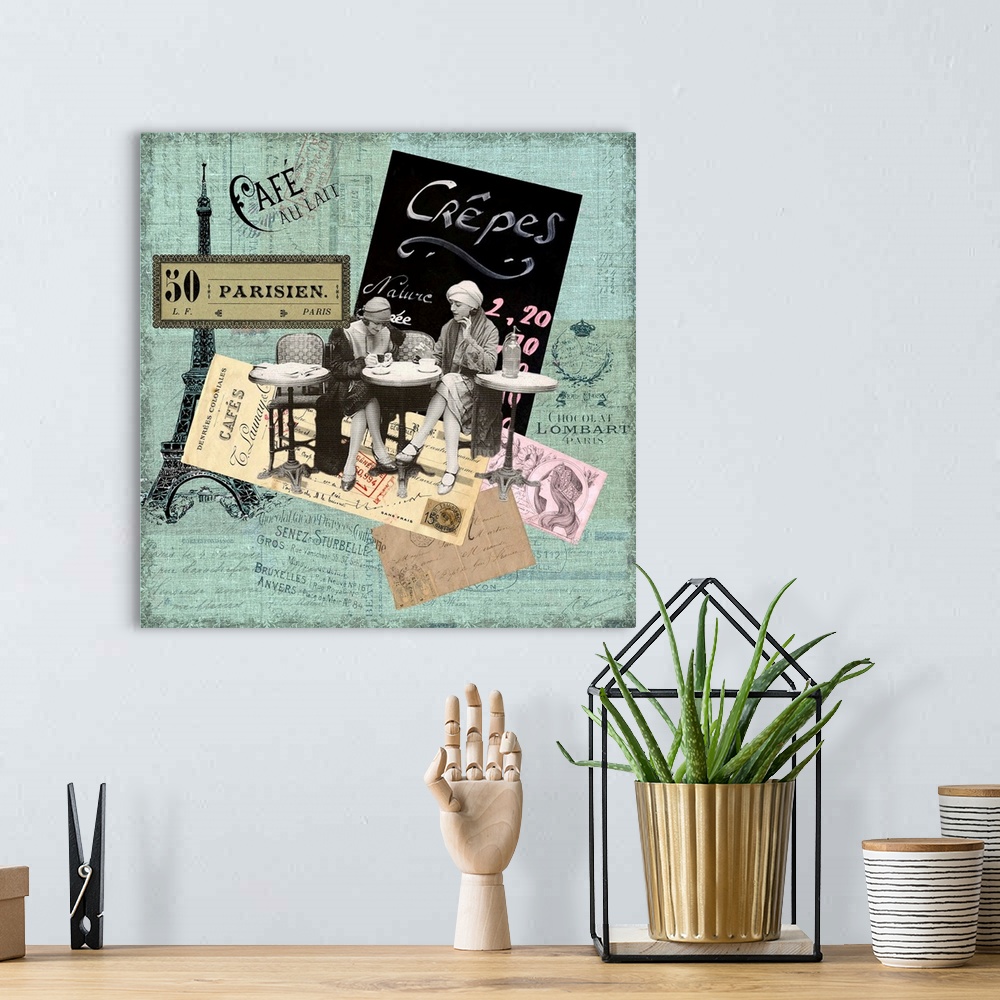 A bohemian room featuring Travel collage of a vintage scene in a cafe bordered with french themed items.