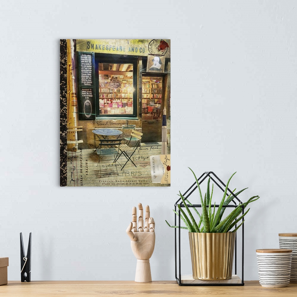 A bohemian room featuring Travel collage of a parisian book store in Paris, France.