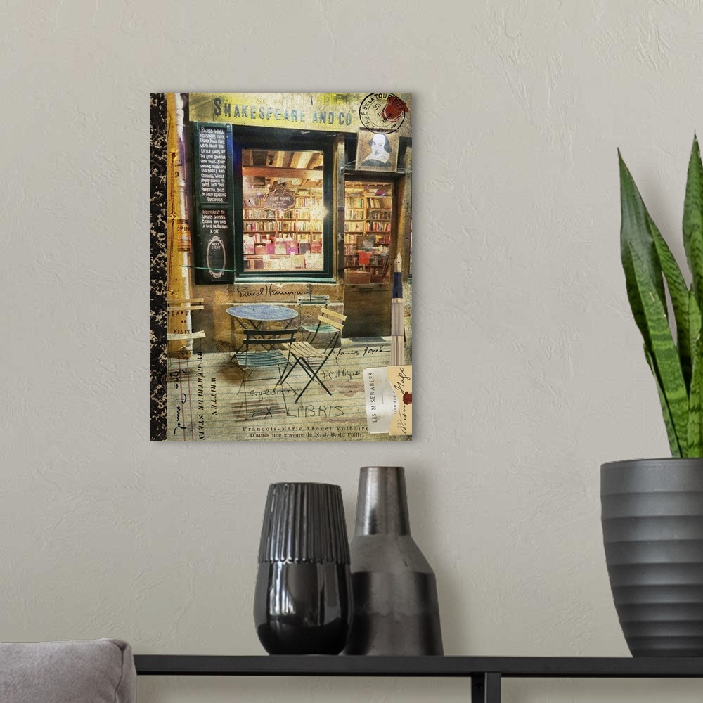 A modern room featuring Travel collage of a parisian book store in Paris, France.