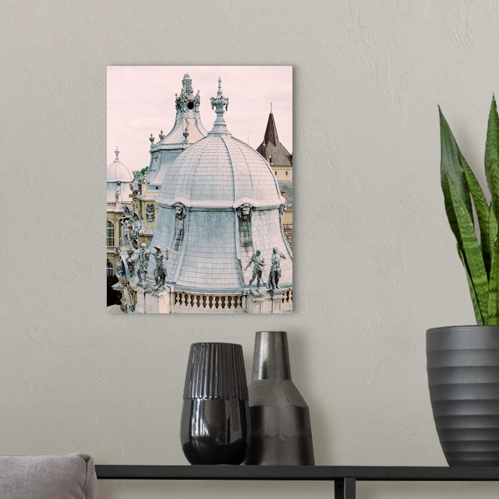 A modern room featuring A photograph showing the highly detailed architecture of a domed roof in Paris, France.
