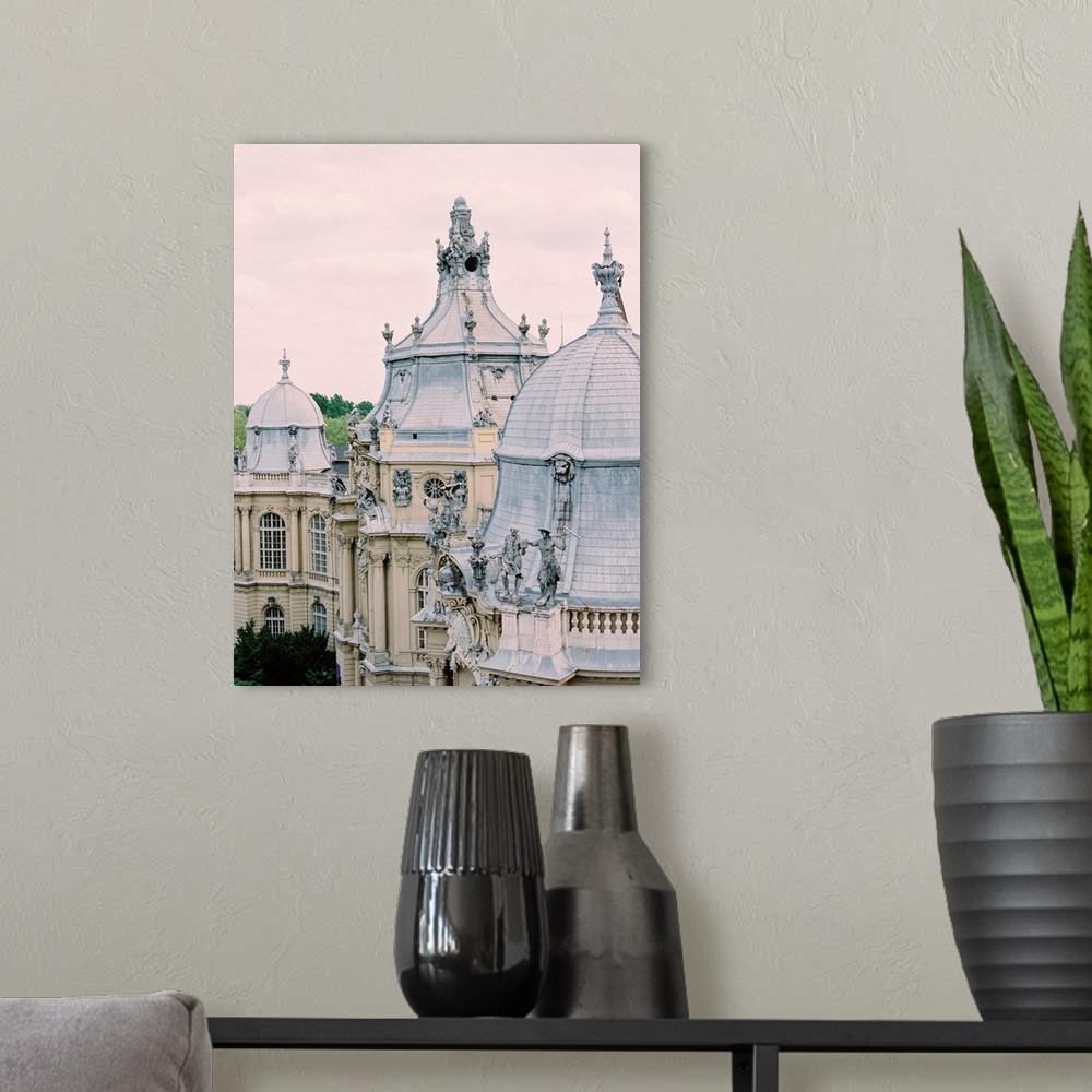 A modern room featuring A photograph showing the highly detailed architecture of a domed roof in Paris, France.