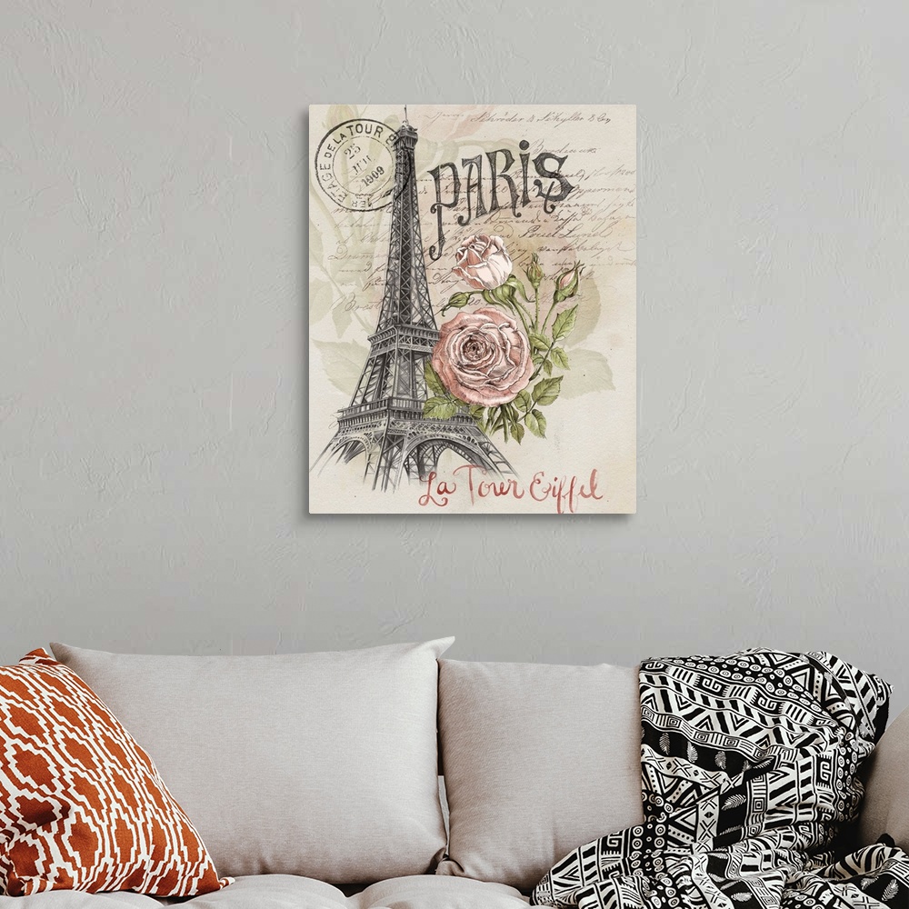 A bohemian room featuring A sketch of the Eiffel tower is adorned with an illustrated rose and French text throughout.