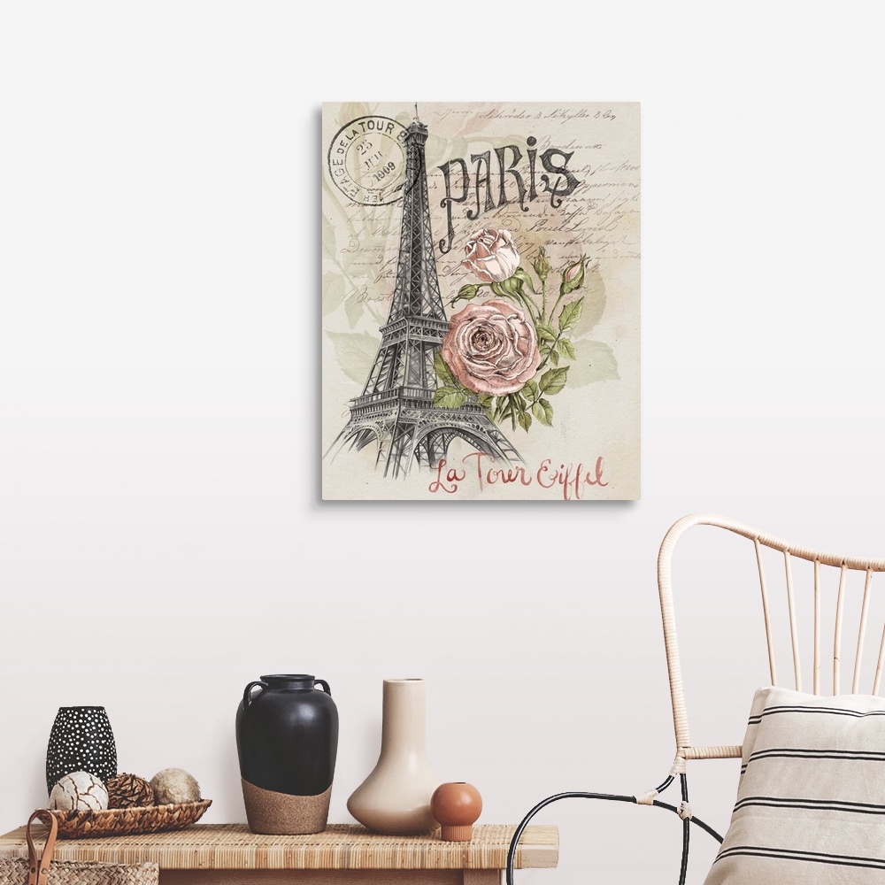 A farmhouse room featuring A sketch of the Eiffel tower is adorned with an illustrated rose and French text throughout.
