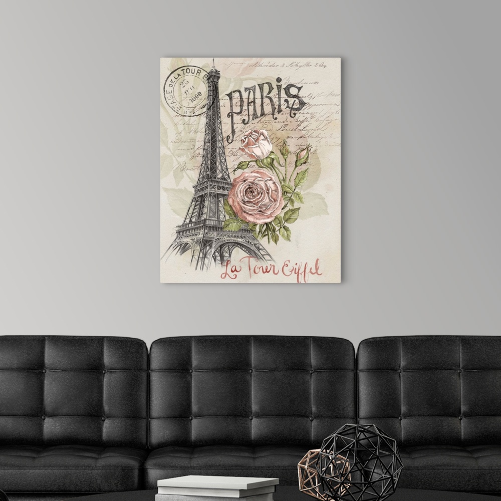 A modern room featuring A sketch of the Eiffel tower is adorned with an illustrated rose and French text throughout.